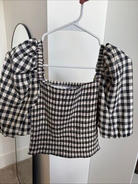 BB Dakota by Steve Madden Black & White Gingham Puff Sleeve Square Neck Top